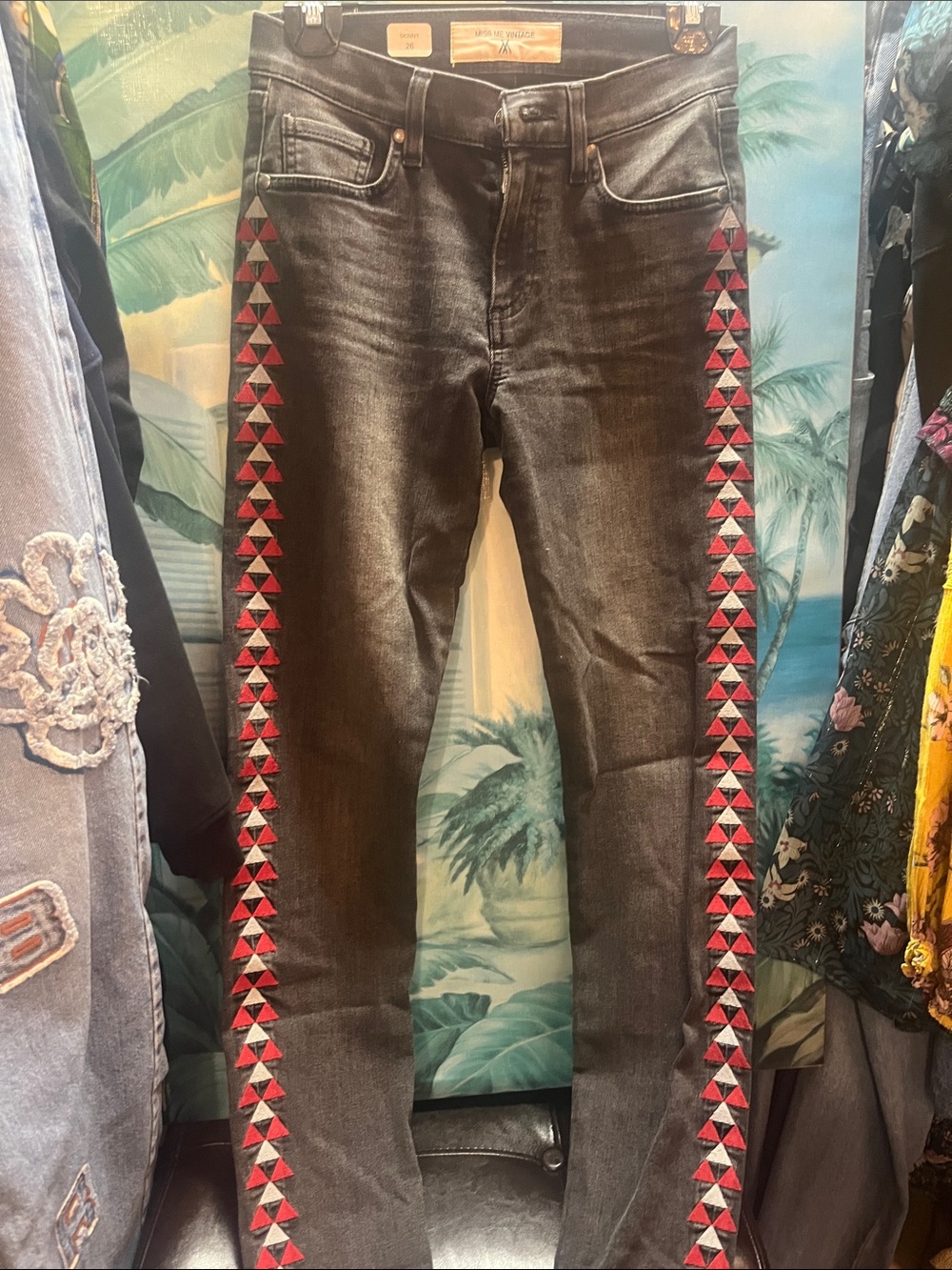 Miss me  Black / gray Washed Jeans with Red Triangle Side Trim size 26